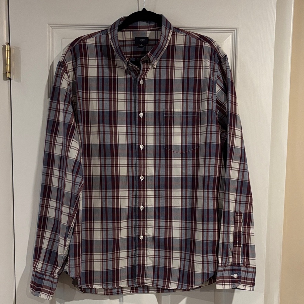 J. Crew Men's 100% Cotton Plaid Button Down Shirt Burgundy, Blue, & White‎ sz XL